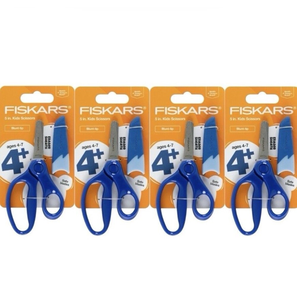 4x Fiskars 5" Kids Scissors Blunt Tip Eraser Sheath Ages 4+ Blue